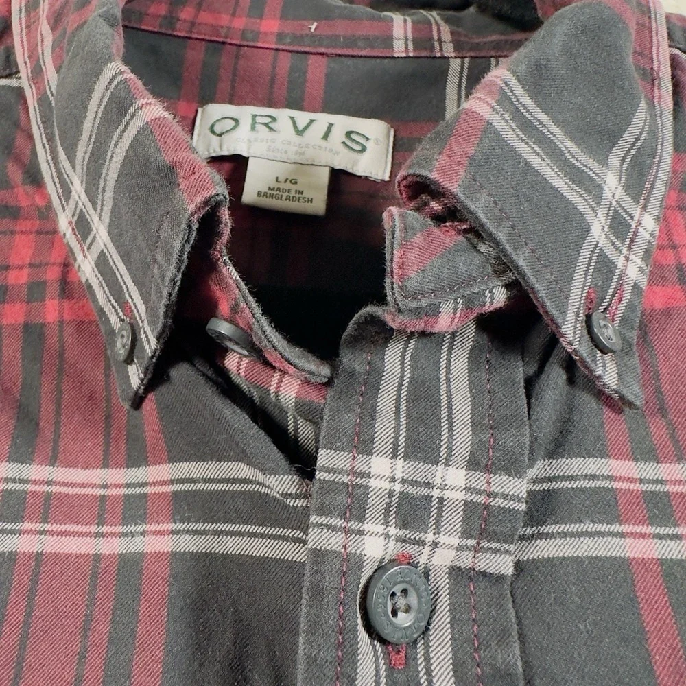 Orvis Shirt Men L Button Up Red Plaid Flannel 100 Cotton Heavyweight Outdoor